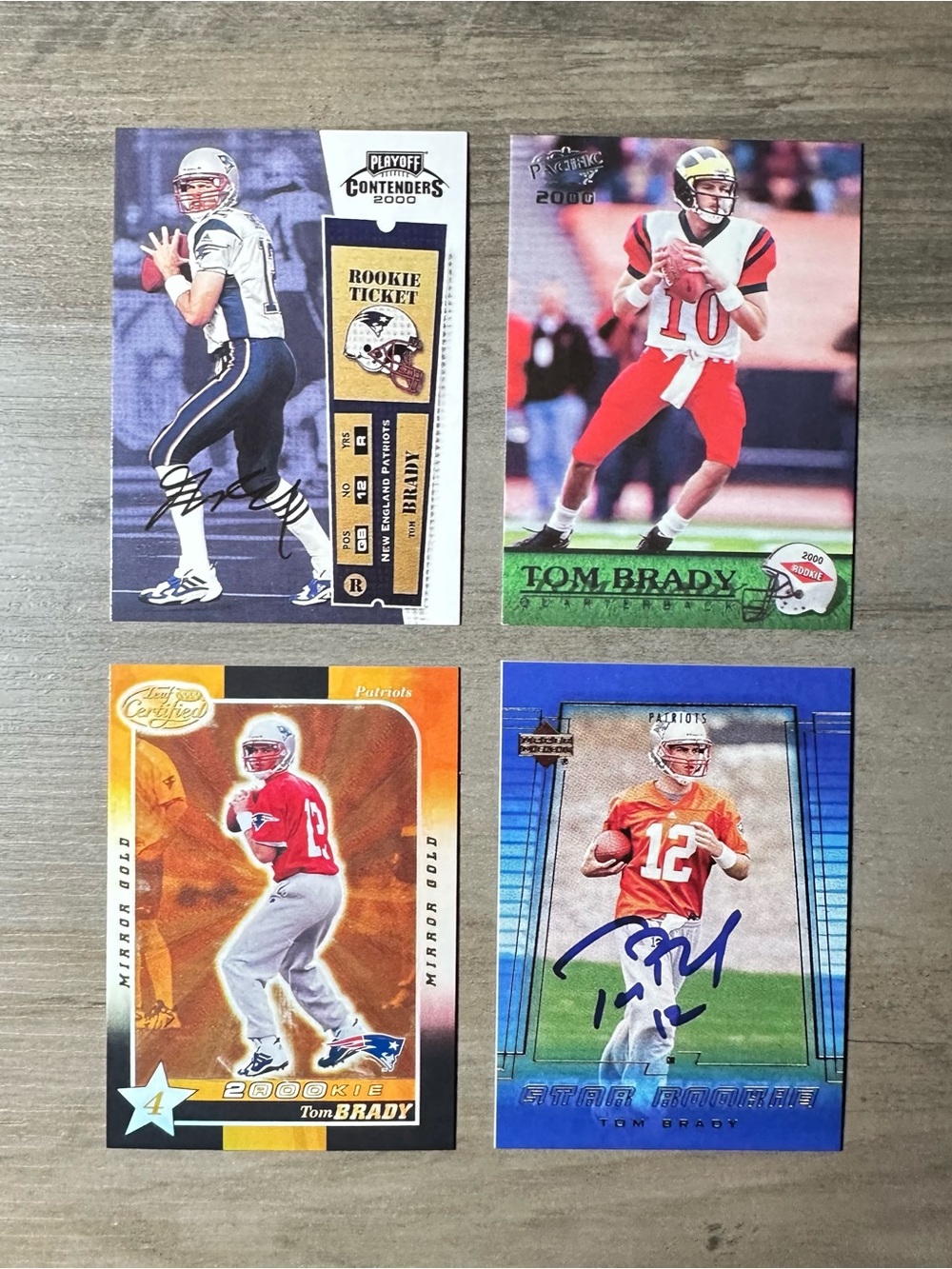 Tom Brady Signed Rookie Lot of (9) Kaboom Holo UD Novelty Football Cards.